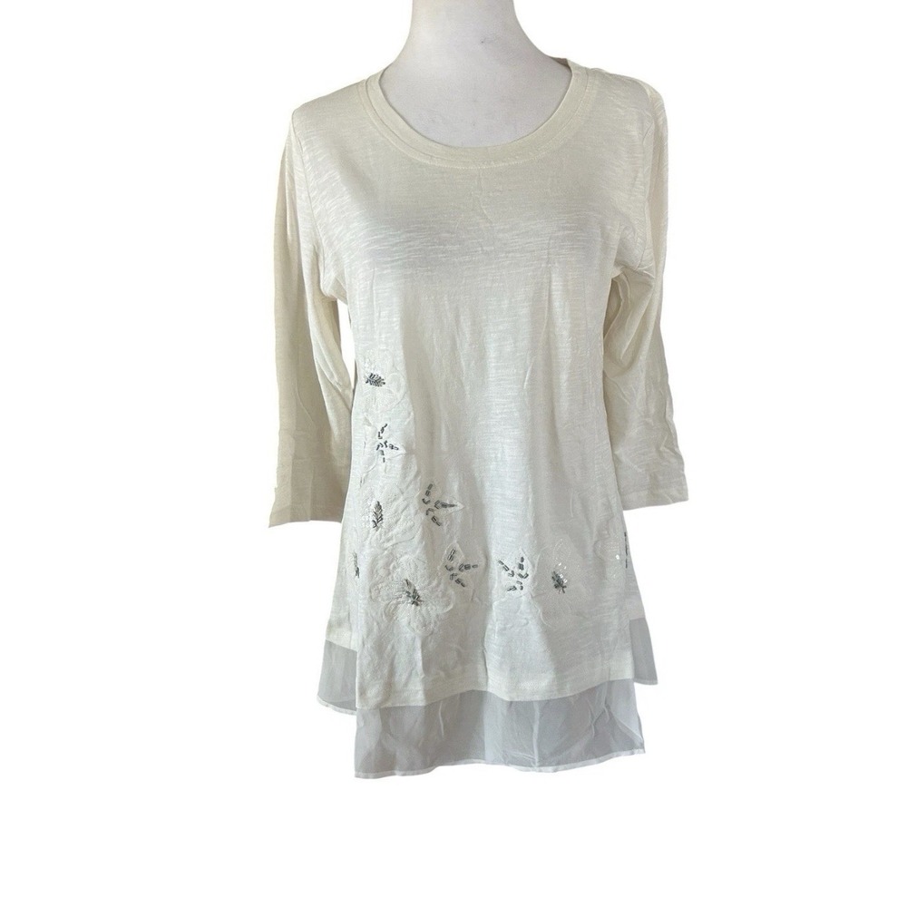 LOGO By Lori Goldstein NOWT Cream Tunic Embroidered, Beads, Sheer Hem SZ S Boho